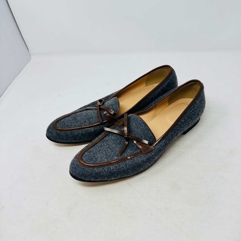 J. Crew Wool‎ Loafers Grey Brown Leather Trim Bow Preppy Academic Flats Size 10